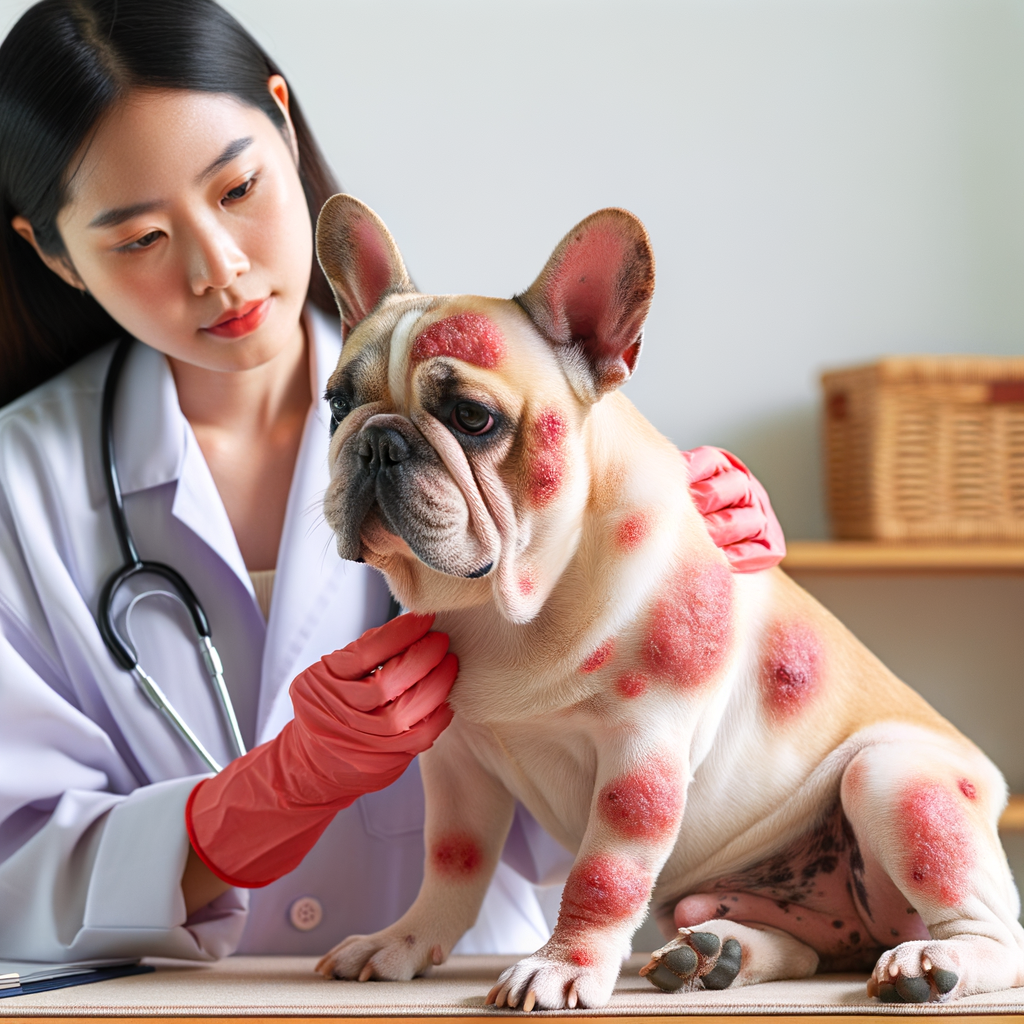 French Bulldog with skin allergies showing red patches and itching, being examined by a vet discussing hypoallergenic diet and allergy medication for effective French Bulldog allergy treatment.
