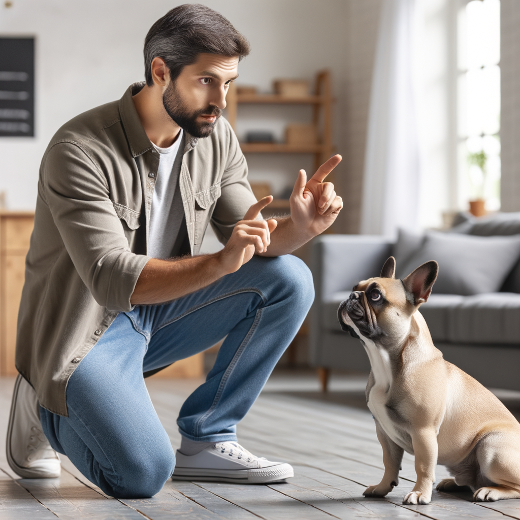 Professional dog trainer teaching essential commands to a well-behaved French Bulldog, showcasing effective techniques and discipline for French Bulldog obedience and behavior.