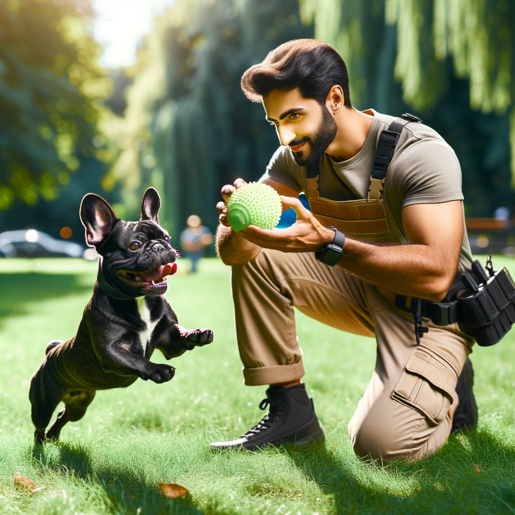 Professional dog trainer in park demonstrating fetch techniques with French Bulldog running towards ball, showcasing effective fetch training and playtime.